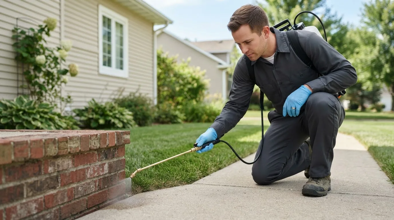 Pest control technician treating a home near Kite, GA